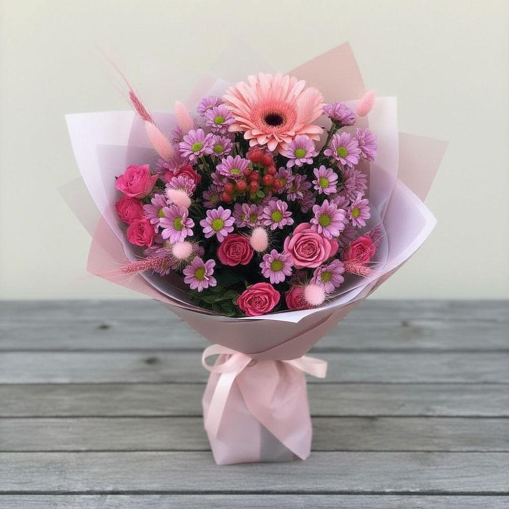 Букет цветов из: Розы, Герберы и Хризантемы в Мочилы